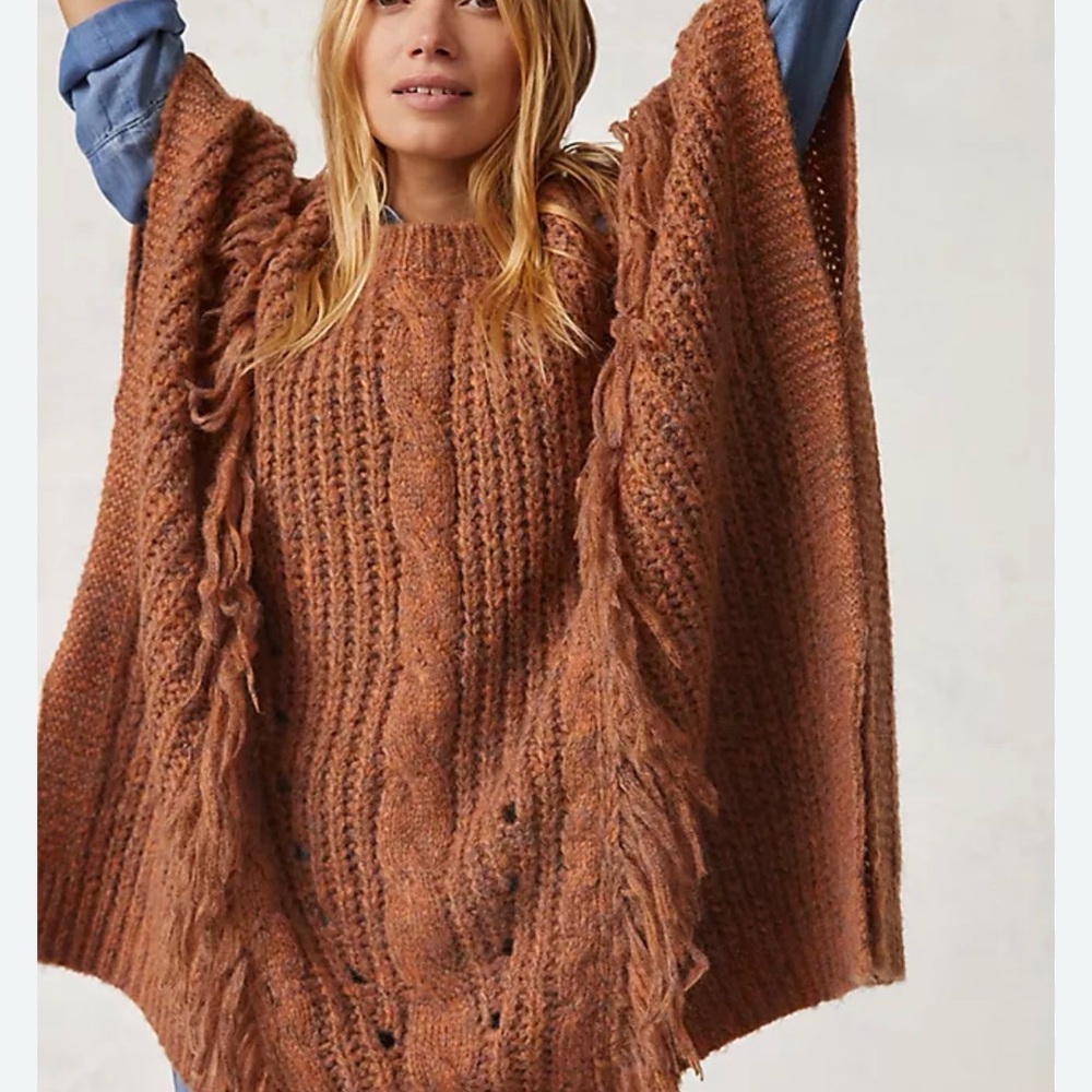 Anthropologie Rust-Brown Cable Fringe Poncho
